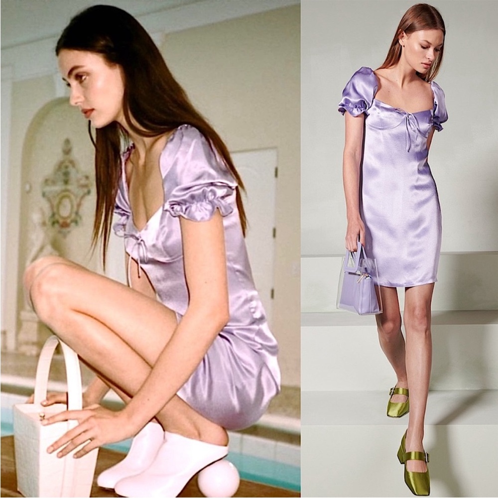 STAUD 90s Lavender Satin Puff Short Sleeve Sweetheart Tie Front Babydoll Dress S